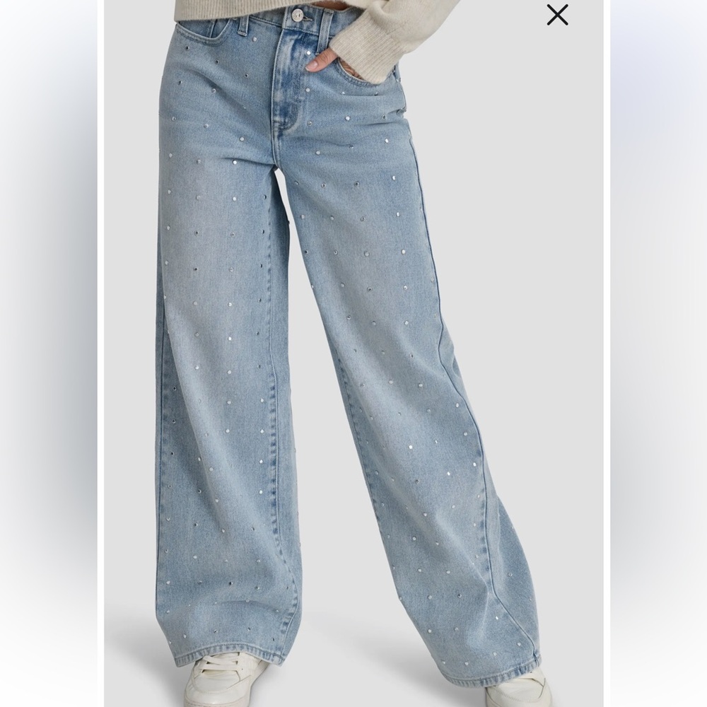 DKNY Women’s High Waisted Wide Leg Studded Jeans